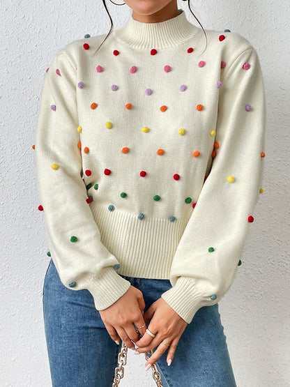 xakxx Long Sleeves Loose Pompom Triming Round-Neck Knitwear Pullovers Sweater Tops