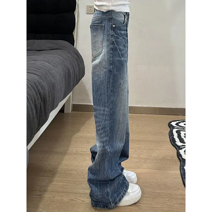 Blue jeans skinny drape straight leg loose trousers tide American wash lightning crack women high street vibe