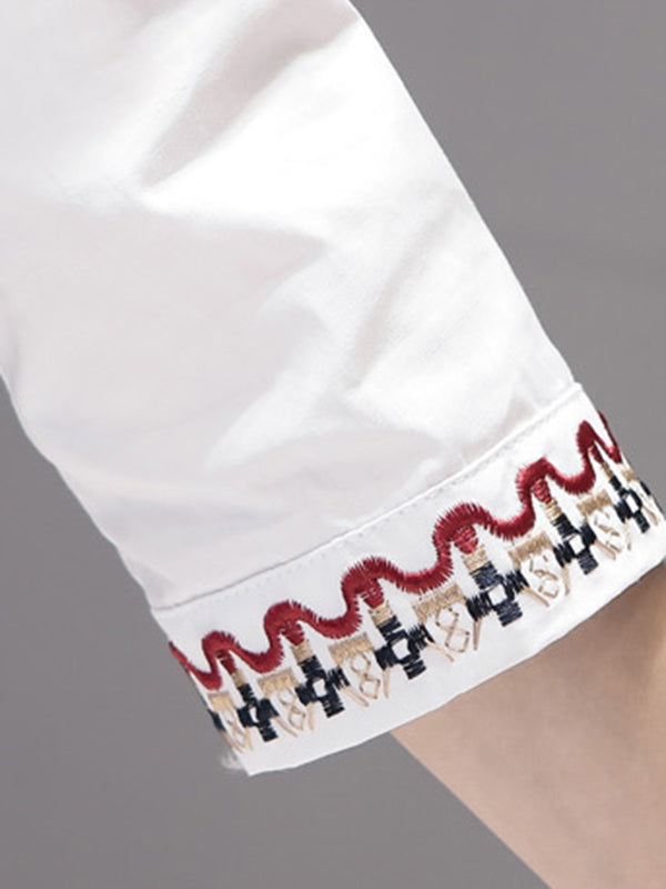 xakxx Loose Three-Quarter Sleeves Buttoned Embroidered Stand Collar Blouses&Shirts Tops
