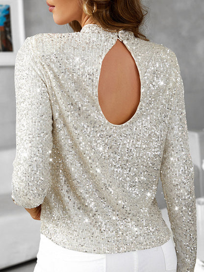 xakxx Long Sleeves Sequined Shiny Solid Color Stand Collar T-Shirts Tops