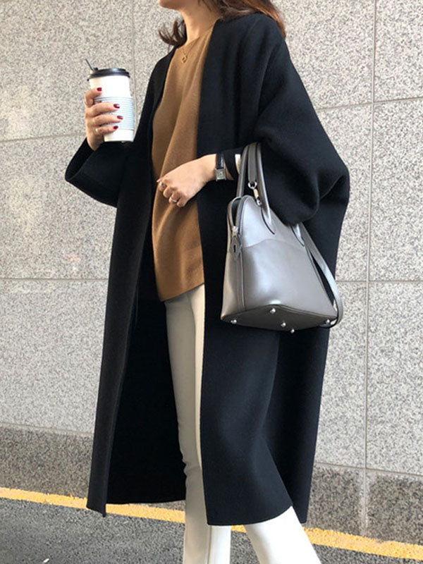 xakxx Long Sleeves Loose Solid Color Collarless Woolen Coat