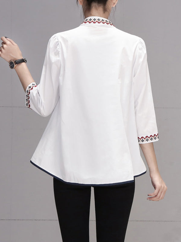 xakxx Loose Three-Quarter Sleeves Buttoned Embroidered Stand Collar Blouses&Shirts Tops