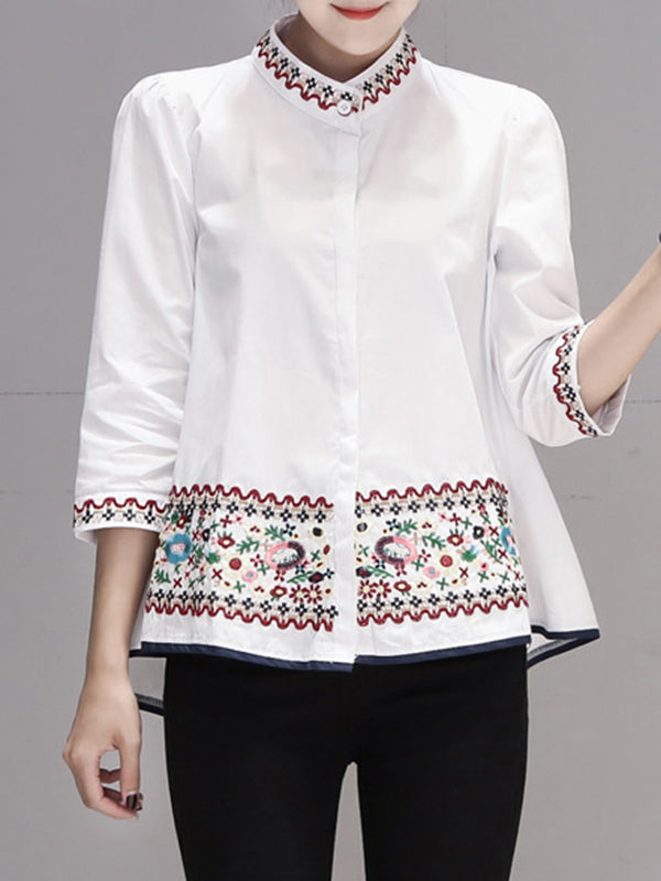 xakxx Loose Three-Quarter Sleeves Buttoned Embroidered Stand Collar Blouses&Shirts Tops