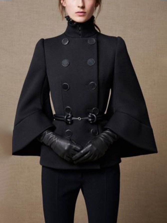 xakxx Flared Buttoned Solid Color High Neck Jackets&Coats Outerwear Woolen Coat