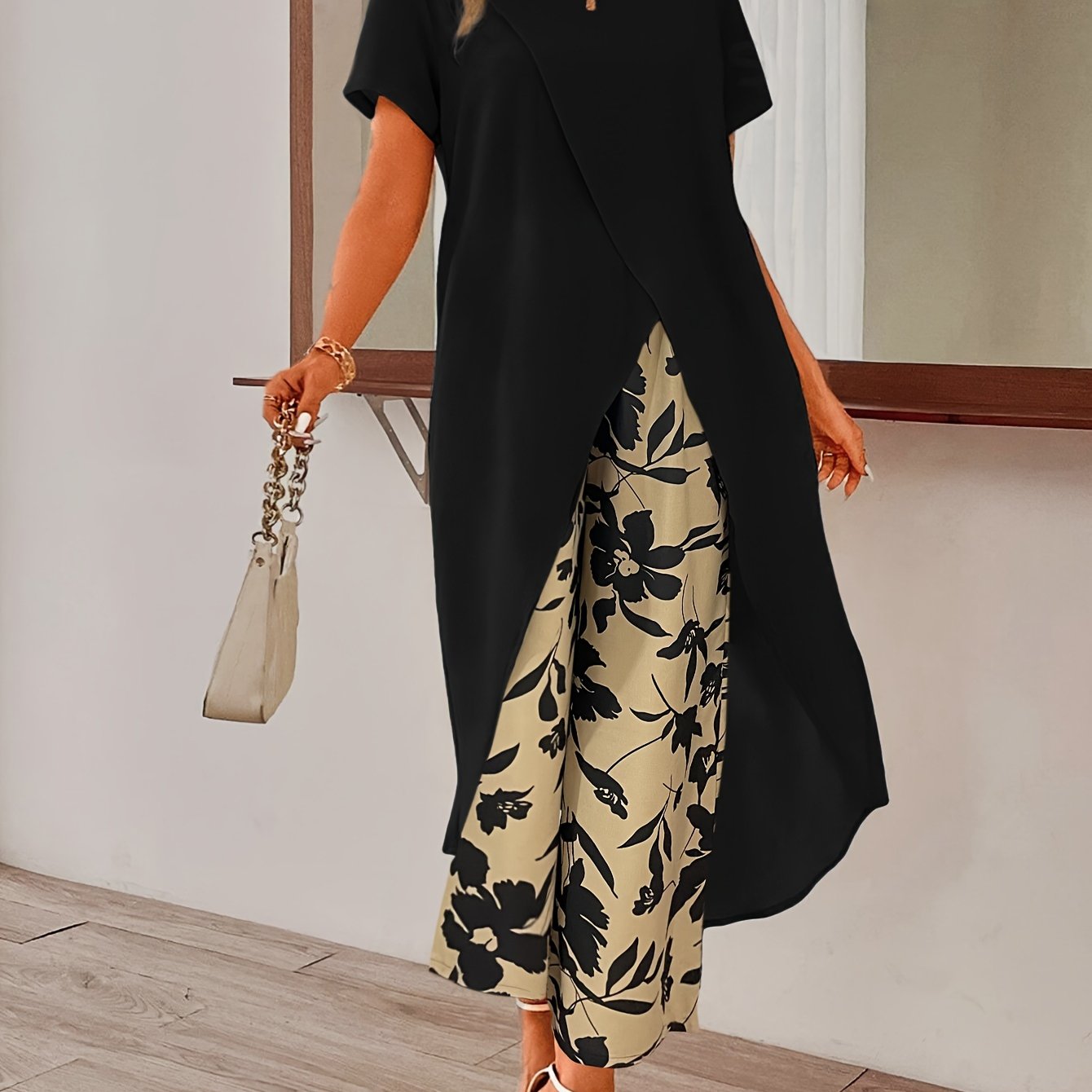 Womens Elegant Pants Set - Stylish Solid Color with Asymmetrical Hem Design, Comfortable Crew Neck Short Sleeve Top, Vibrant Floral Print Pants - Perfect for Spring and Summer Seasons, Complete Outfits for a Stylish Ensemble