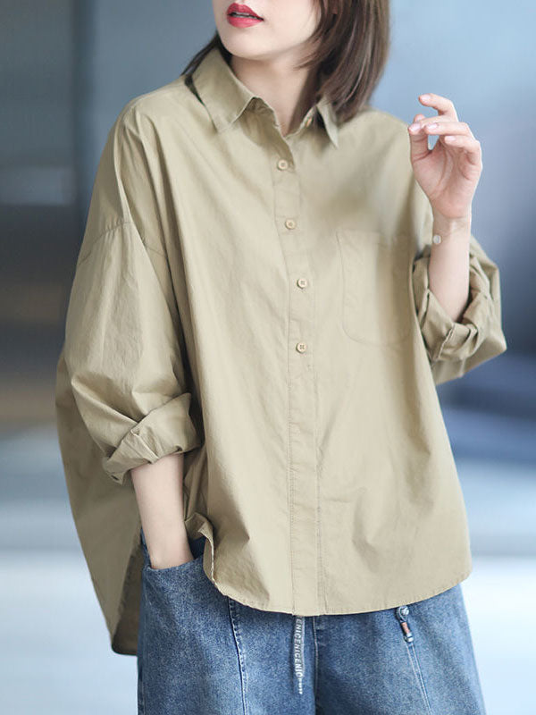 xakxx High-Low Long Sleeves Solid Color Lapel Blouses&Shirts Tops