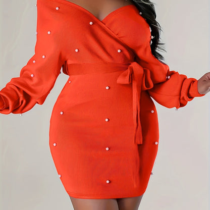Beaded Bodycon Dress, Casual Long Sleeve Solid Off Shoulder Dress, Women's Clothing