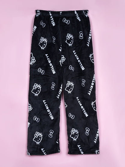 Hello Kitty Flannel Pajama Set for Women - Soft, Warm, White Anime Cartoon Print Lounge Pants - Autumn Fashion Gift Idea