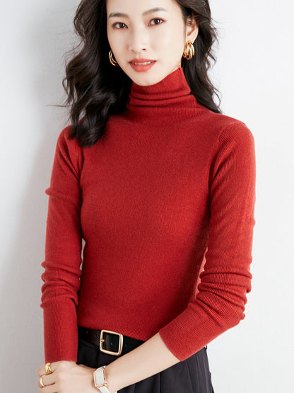 xakxx Simple Skinny Long Sleeves Solid Color High-Neck Sweater Tops Pullovers