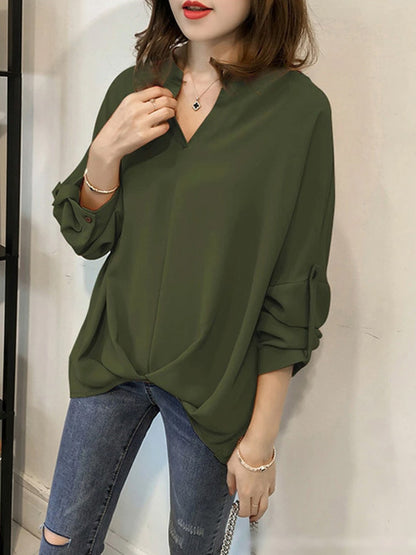 xakxx Casual Long Sleeves Loose Solid Color V-Neck Blouses&Shirts Tops
