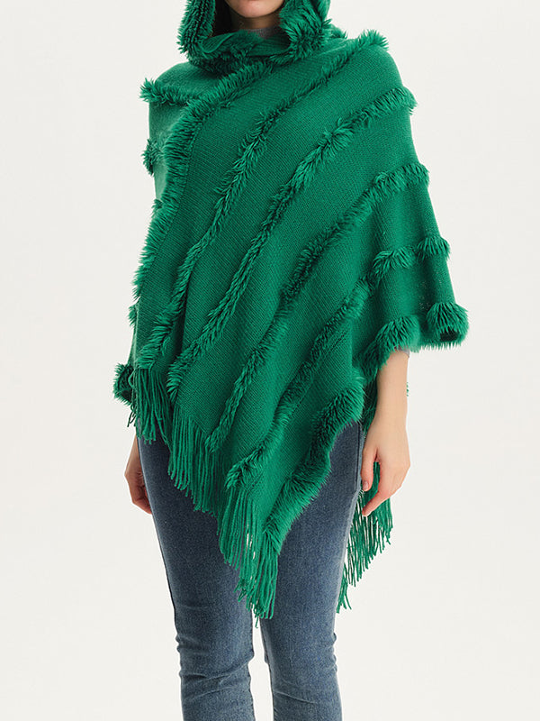 xakxx Hooded Keep Warm Solid Color Tasseled Cape Shawl&Cloak