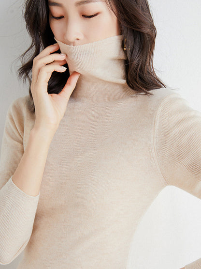 xakxx Simple Skinny Long Sleeves Solid Color High-Neck Sweater Tops Pullovers