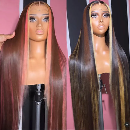 40 Inches Brown Pink Lace Front Wig Hightlight Pink Human Hair Wigs for Women Colored Straight HD 13X4 Synthetic Lace Frontal Wig Cosplay