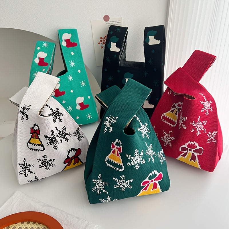 1pc Festive Knitted Polyester Tote Bag, Christmas Candy Gift Pouch, Women'S Handheld Knit Purse, Holiday Shopping Shoulder Bag with Painted Edges, No Closure - Red & Green
