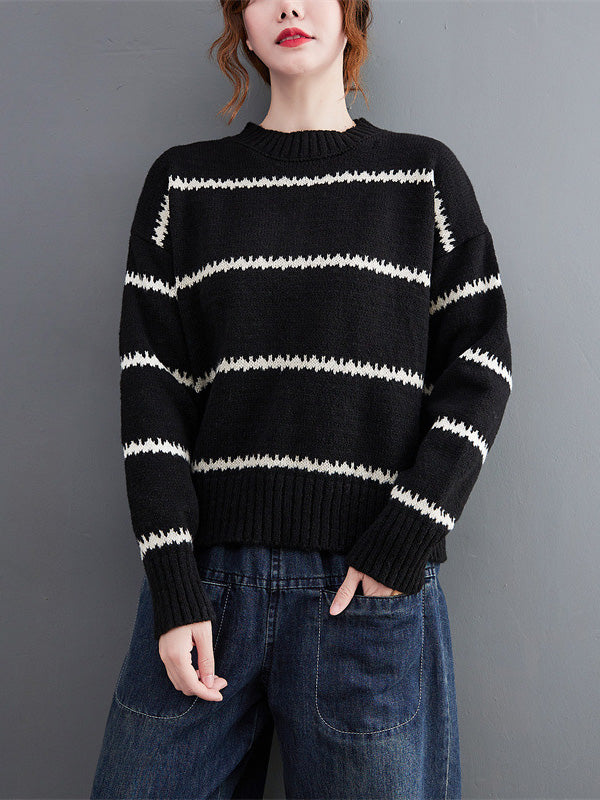 xakxx Casual Loose Long Sleeves Striped Round-Neck Sweater Tops
