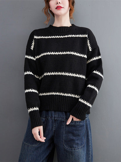 xakxx Casual Loose Long Sleeves Striped Round-Neck Sweater Tops
