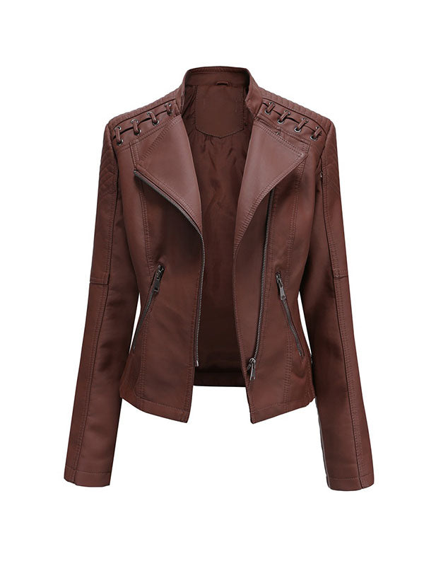 xakxx Long Sleeves Split-Joint Zipper Mock Neck PU Jackets Outerwear