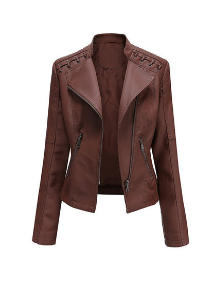 xakxx Long Sleeves Split-Joint Zipper Mock Neck PU Jackets Outerwear