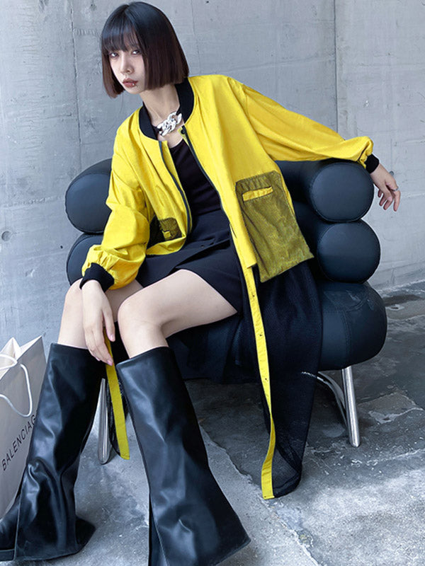 xakxx Stylish Split-Joint With Pocket Mesh Buttoned Stand Collar Long Sleeves Jacket Outwear