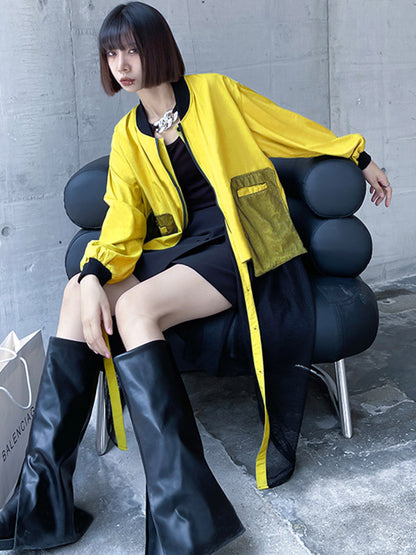 xakxx Stylish Split-Joint With Pocket Mesh Buttoned Stand Collar Long Sleeves Jacket Outwear