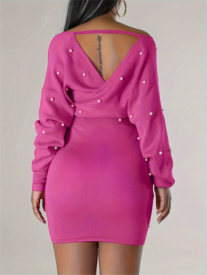 Beaded Bodycon Dress, Casual Long Sleeve Solid Off Shoulder Dress, Women's Clothing
