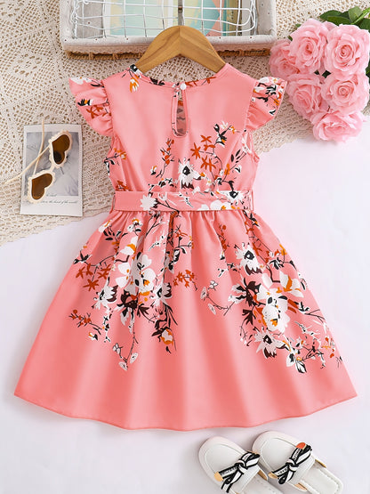 Girls Charming Floral Midi Dress - Fashionable Flying Sleeve & Sleeveless Combo, Lightweight & Comfortable for Sweet Summer Days, Adorable Daily Wear Dress with Bold Pattern