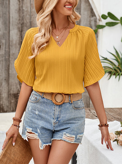 xakxx Loose Short Sleeves Hollow Pleated Solid Color V-Neck T-Shirts Tops