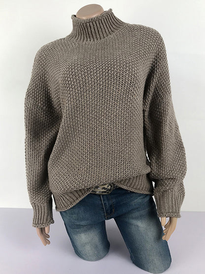 xakxx Casual Long Sleeves Solid Color High-Neck Sweater Tops