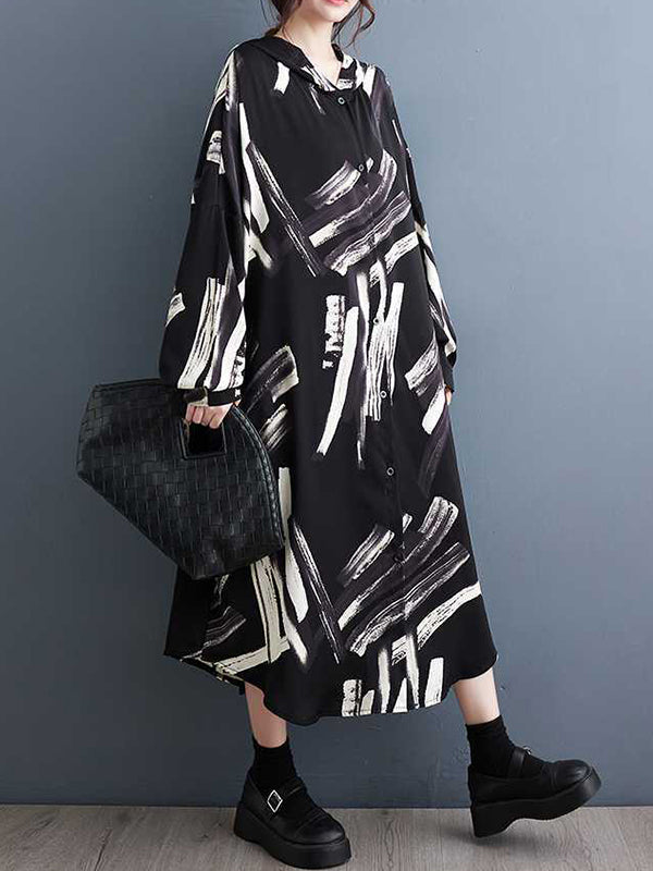 xakxx Long Sleeves Loose Buttoned Hooded Printed Midi Dresses Outerwear