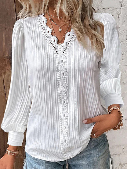 xakxx Long Sleeves Loose Hollow Solid Color V-Neck T-Shirts