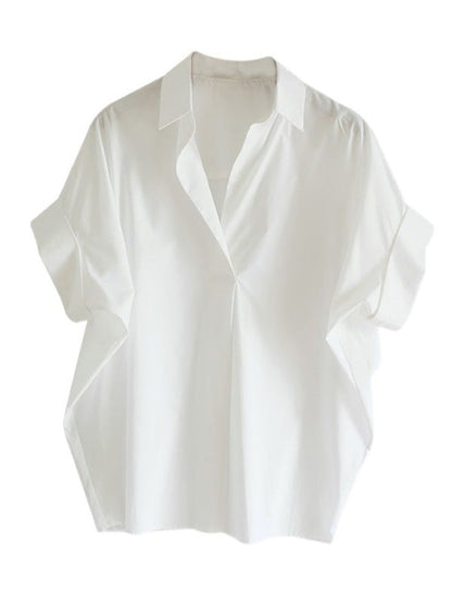 Xakxx - Casual Short Sleeves Loose Solid Color Lapel Collar Blouses&Shirts Tops