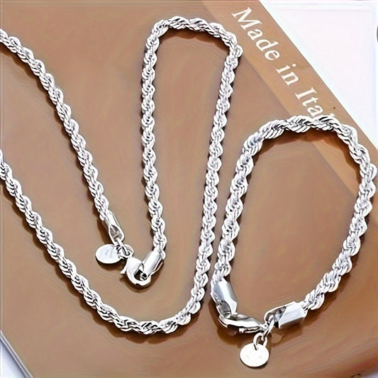 2PCS 925 Sterling Silver Twisted Rope Chain Necklace and Bracelet Set - Timeless Hip Hop Style Jewelry with Shiny Finish, Elegant Design, and Versatile Accessorizing Options for Women