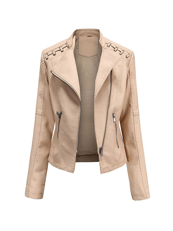 xakxx Long Sleeves Split-Joint Zipper Mock Neck PU Jackets Outerwear