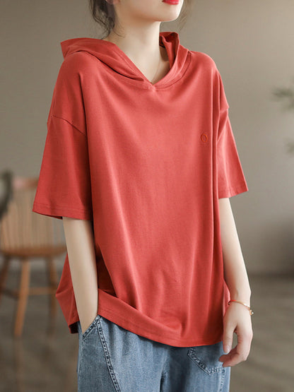 xakxx Short Sleeves Hooded Solid Color Hooded T-Shirts Tops