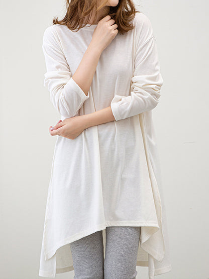 xakxx Casual High-Low Long Sleeves Solid Color Round-Neck T-Shirts Tops