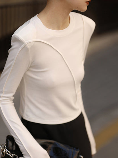 xakxx Long Sleeves Skinny Shoulder Pad Solid Color Round-Neck T-Shirts Tops