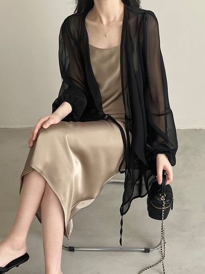 xakxx Bishop Sleeve Long Sleeves See-Through Split-Joint Tied Collarless Blouses&Shirts Tops