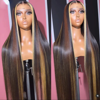 40 Inches Brown Pink Lace Front Wig Hightlight Pink Human Hair Wigs for Women Colored Straight HD 13X4 Synthetic Lace Frontal Wig Cosplay