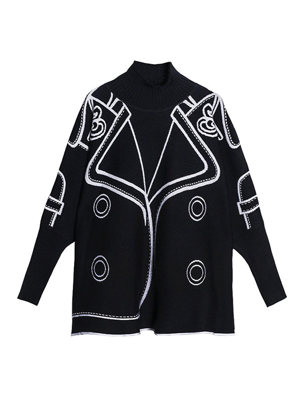 xakxx Casual Loose Long Sleeves Contrast Color Jacquard High-Neck Sweater Tops