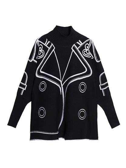 xakxx Casual Loose Long Sleeves Contrast Color Jacquard High-Neck Sweater Tops
