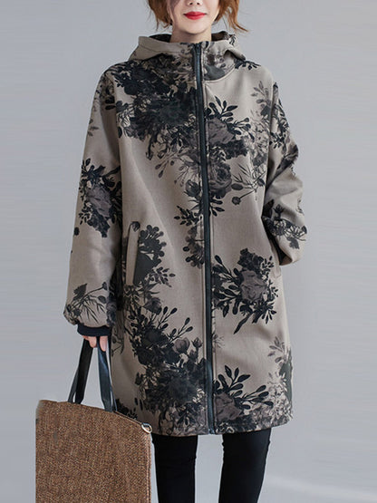 xakxx Artistic Retro Loose Floral Printed Hooded Long Sleeves Outwear