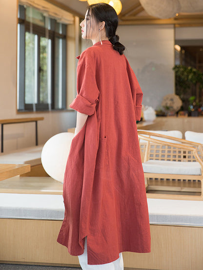 xakxx Artistic Retro Loose Simple Casual Solid Color Ramie Trench Coat