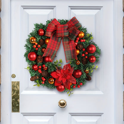 15.8" Vibrant Red Christmas Wreath with Artificial Pine Cones and Elegant Bow - Festive Holiday Door & Window Decoration, Perfect for New Year Celebrations, Indoor and Outdoor Use, Easy to Assemble, Durable and Long-Lasting