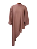 xakxx Loose See-Through Long Sleeves Asymmetric Solid Color High-Neck T-Shirts Tops