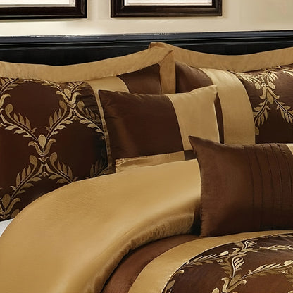 7 Piece Classic Embroidery Comforter Set King/Queen- Chocolate And Gold Faux Silk Fabric Embroideried-1 Comforter, 2 Shams, 3 Decorative Pillows, 1 Bedskirt
