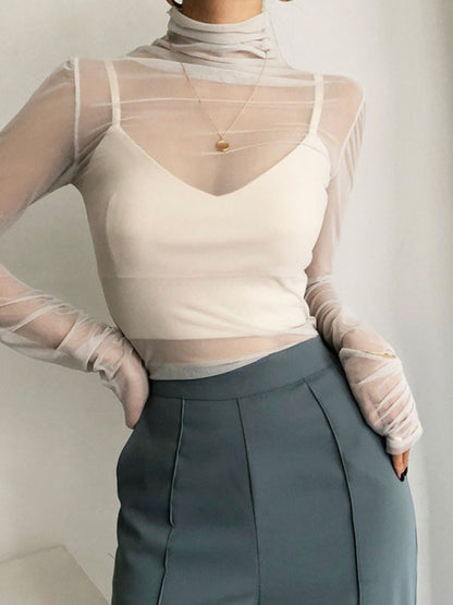 xakxx Long Sleeves Skinny Gauze See-Through Solid Color High Neck T-Shirts