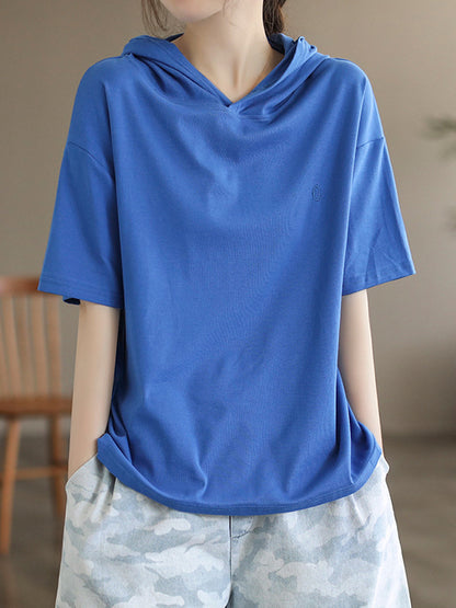xakxx Short Sleeves Hooded Solid Color Hooded T-Shirts Tops
