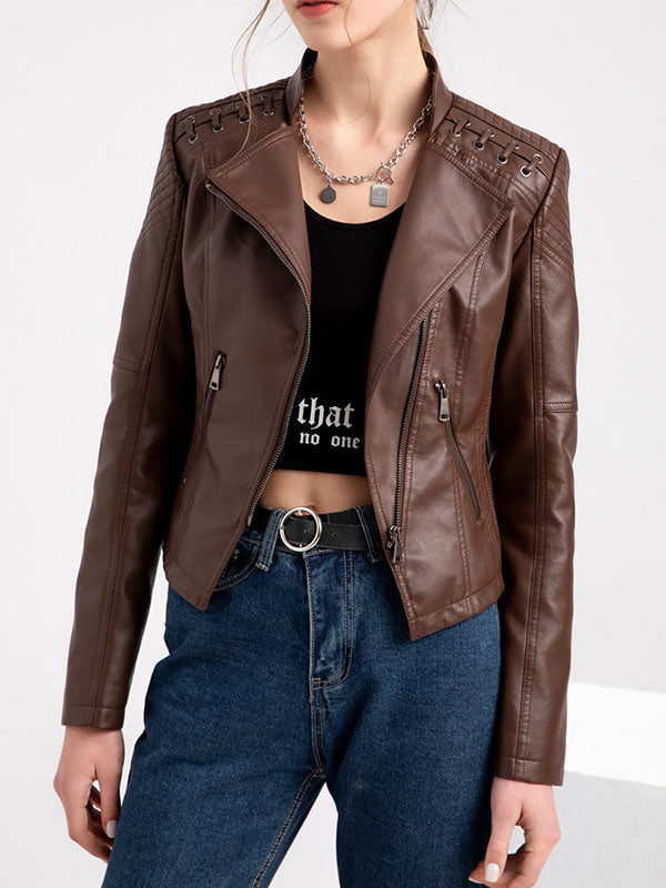 xakxx Long Sleeves Split-Joint Zipper Mock Neck PU Jackets Outerwear