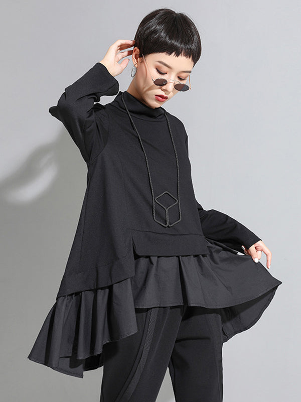 xakxx High-Low A-Line Falbala Split-Joint Split-Back High-Neck T-Shirts Tops