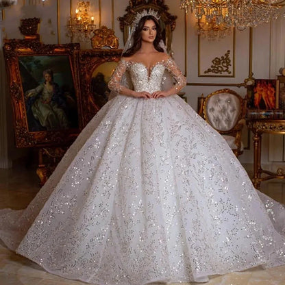 Ball Gown Royal Arabic Dubai Wedding Dress  Sweetheart Long Sleeve Robe De Mariee Lace Sequined Glitter Bridal Gowns Luxury Vestido De Novia